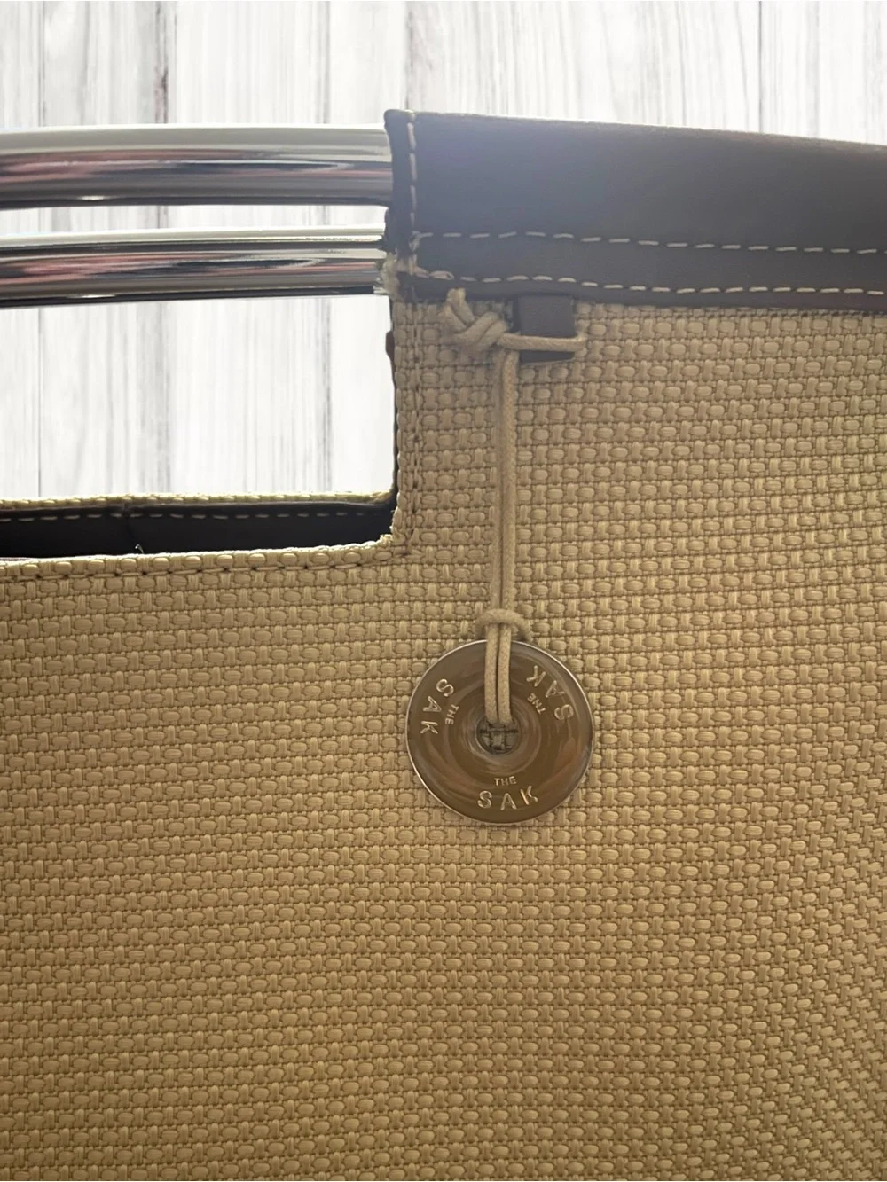 The Sak Vintage Y2K Woven Tan & Brown Handbag Metal Bar Handles NWOT